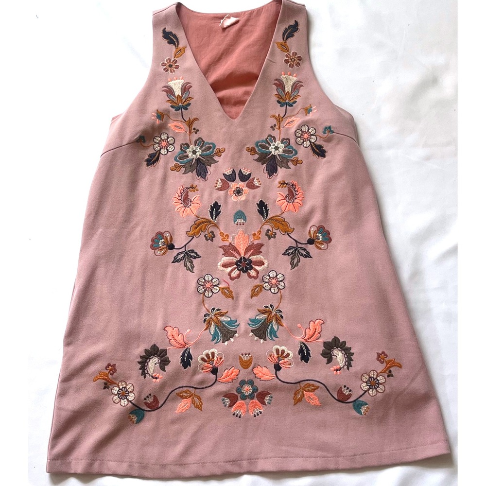 BY TOGETHER pink "suede" rayon dress floral embroidered v neck sheath M pockets!